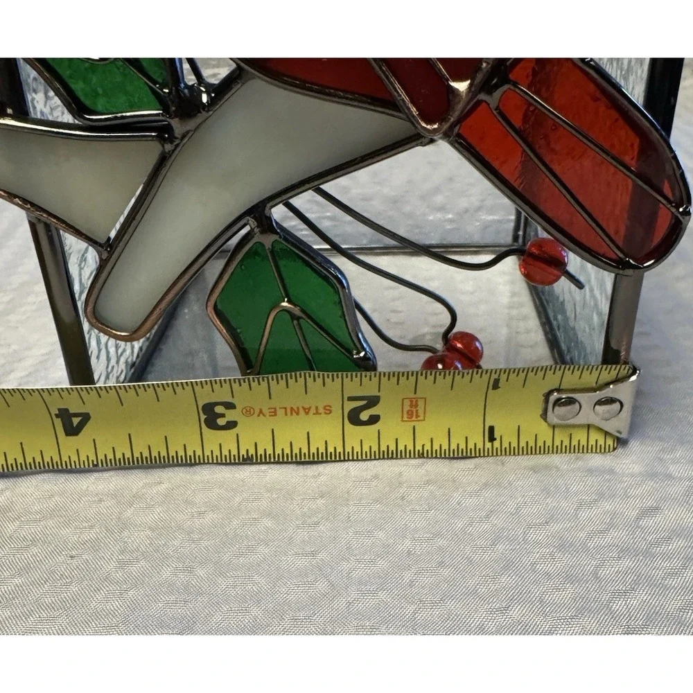 Stained Rectangle Glass and‎ Metal Cardinal Candle Holder Holly Berry Red Bird